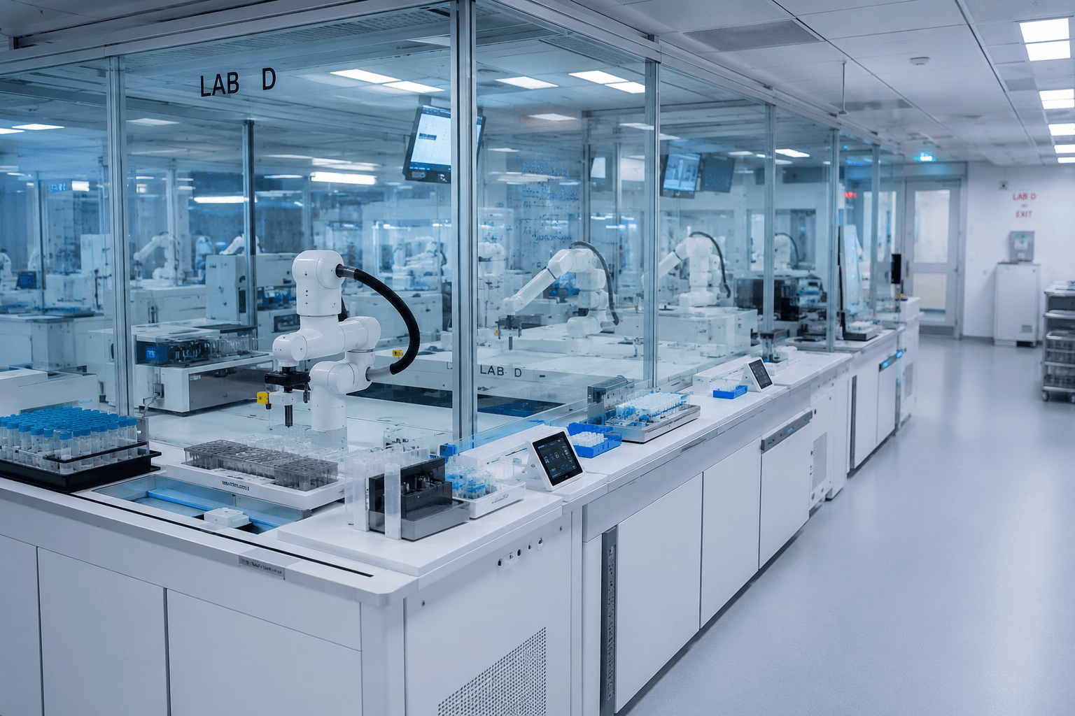 Enloq's in-house automated wet lab — robotic synthesis and assay stations behind glass partitions